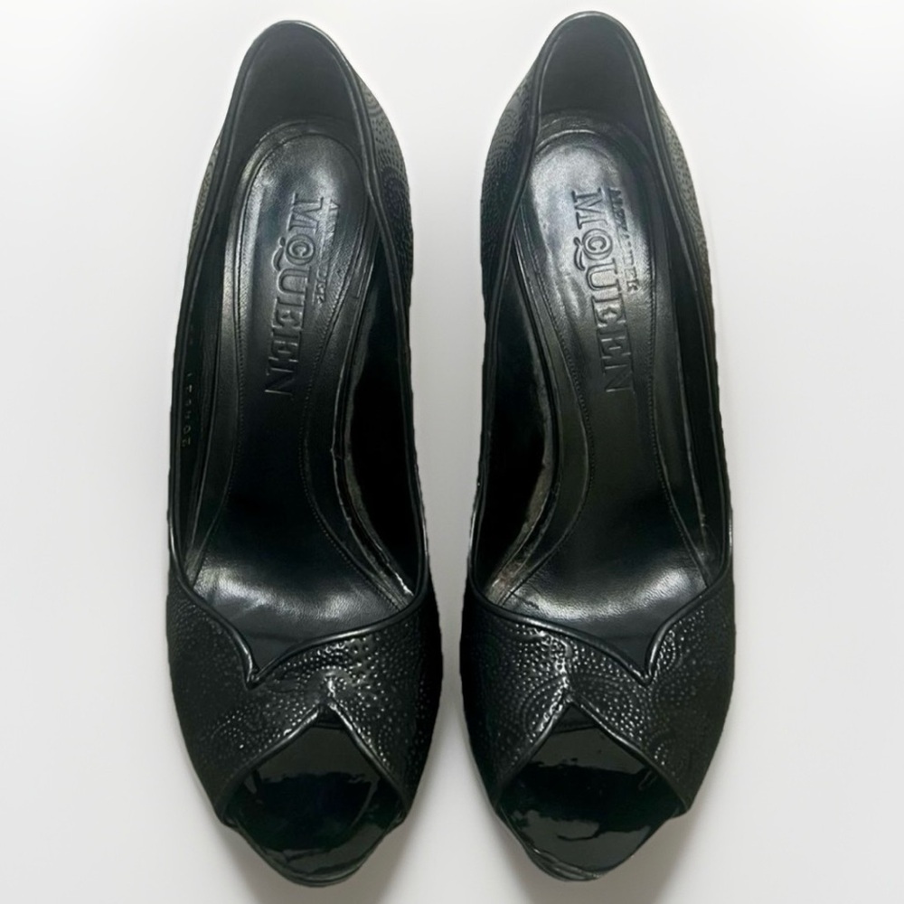 Alexander McQueen Leather Designer Stiletto Heels Womens 8 Black Paisley Luxury - Picture 6 of 16